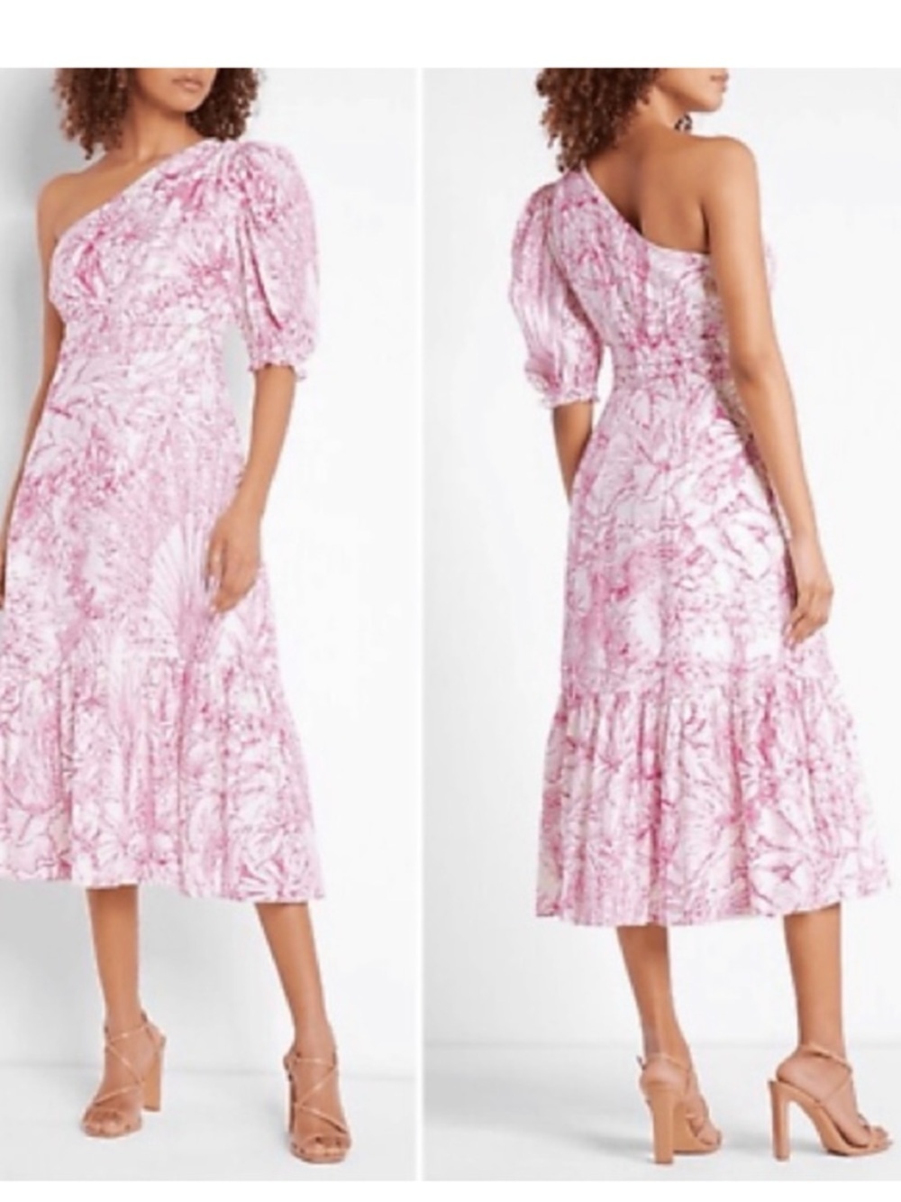Express Printed One Shoulder Puff Sleeve Ruffle Hem Midi Dress Size xs